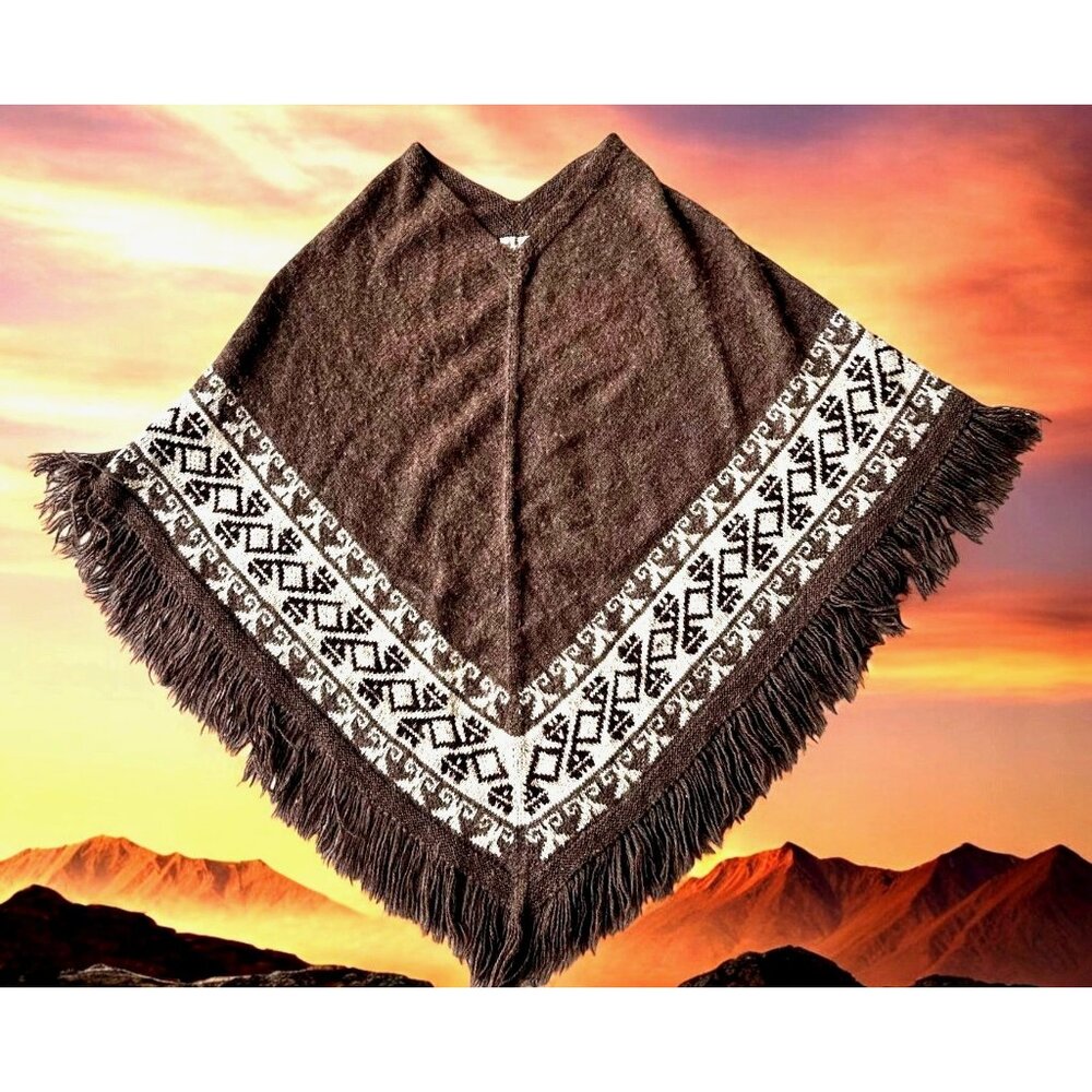 Vintage Fotrama Poncho Shawl Cape One Size Alpaca Wool Fringe Tribal Winter Boho - Picture 2 of 12